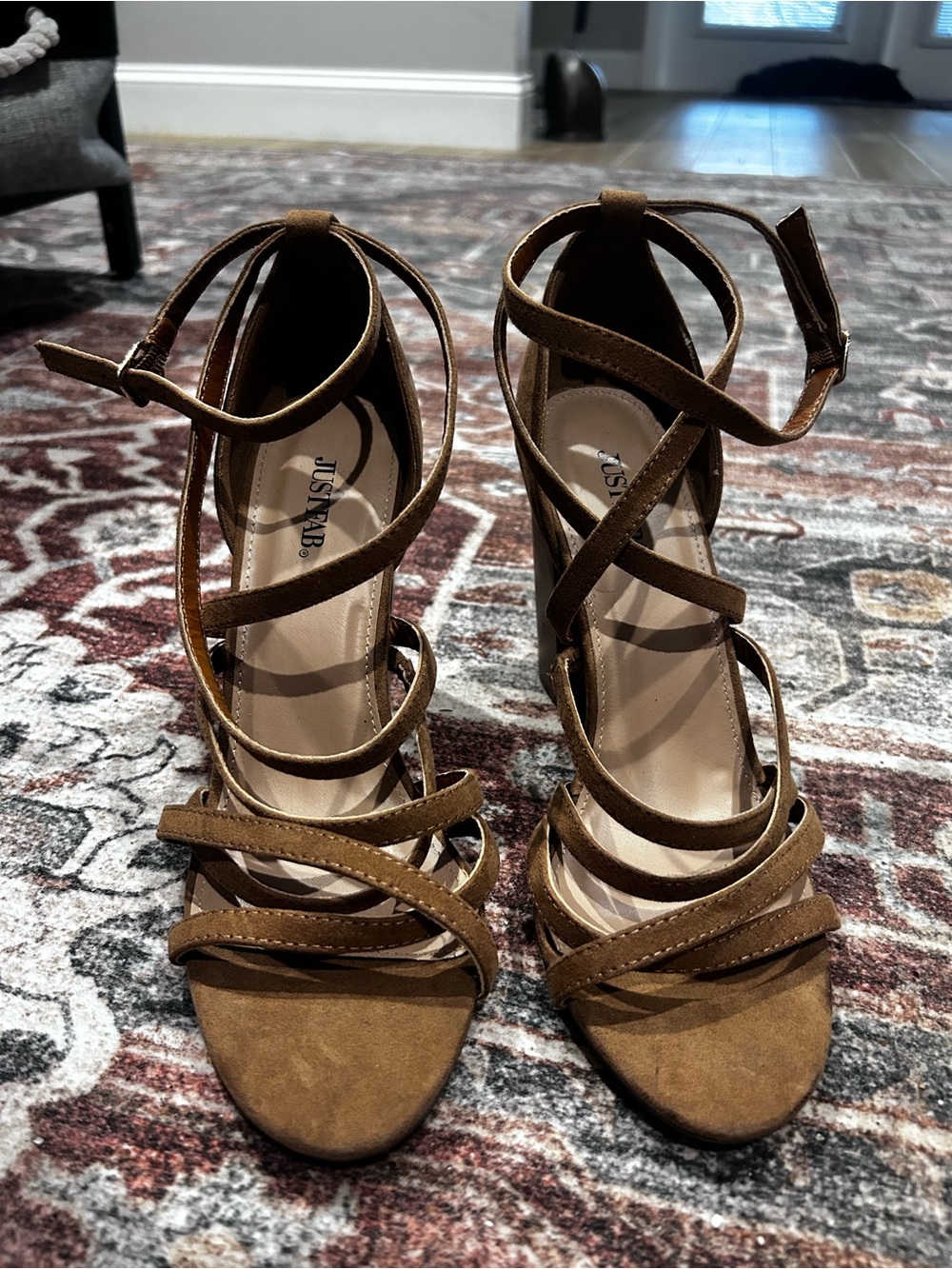JustFab Tan Multi-Strap Suede Heeled Sandals